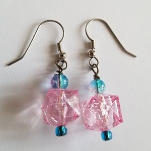 Earrings Pink and blue beaded earrings dangly crackle silver tone